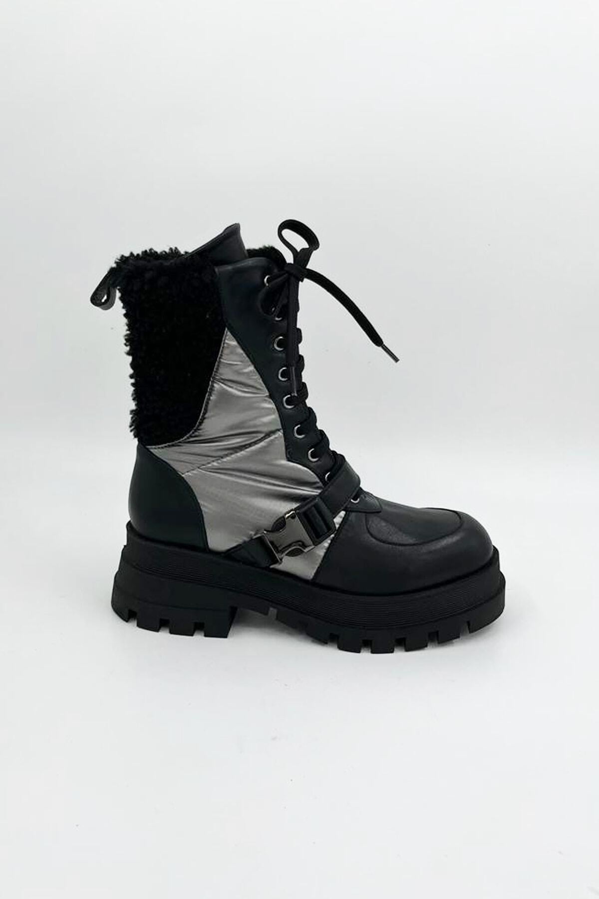 Kadın Deri Bot Kürk Detaylı Siyah