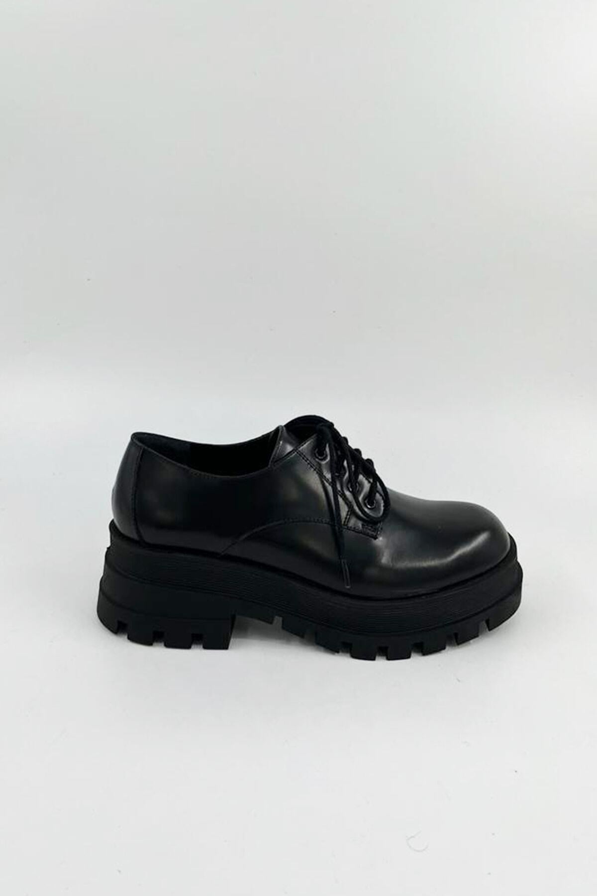 Kadın Deri Loafer Siyah Rugan