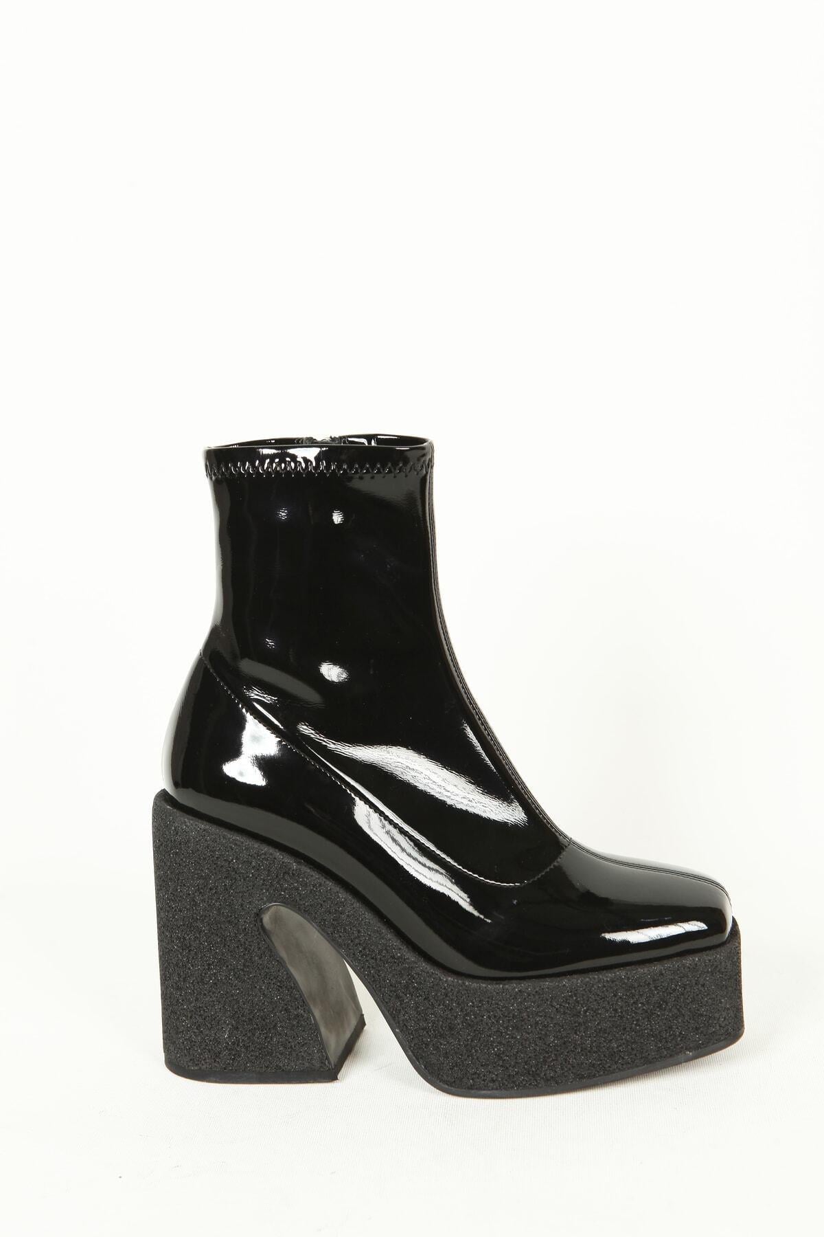 Kadın Deri Bot Platformlu Siyah Rugan