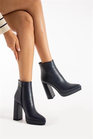 Kadın Hakiki Deri Platformlu Bot Lacivert