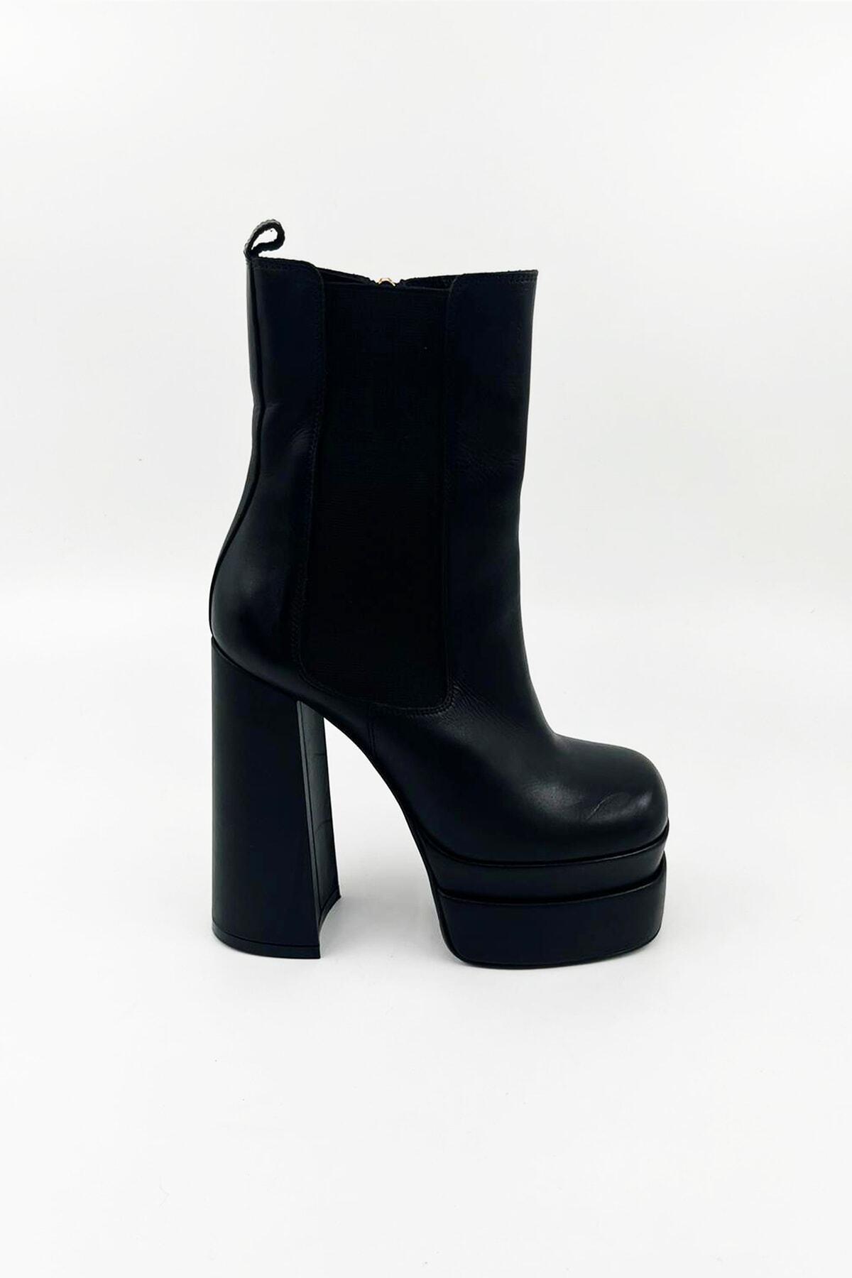 Kadın Deri Bot Platformlu Siyah