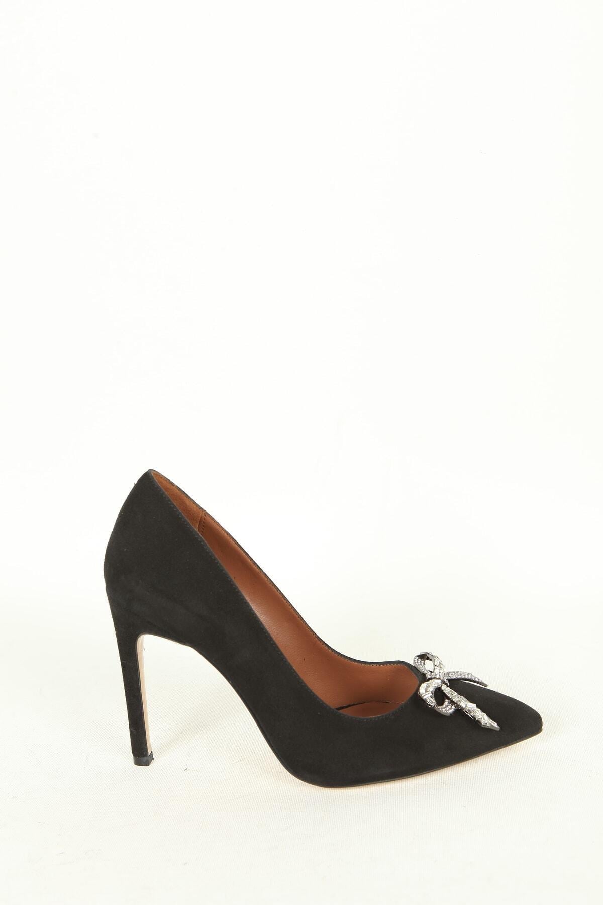 Kadın Deri Stiletto Aksesuar Detaylı Siyah Süet