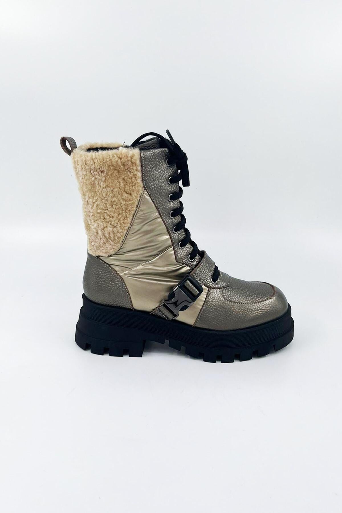 Kadın Deri Bot Kürk Detaylı Bronz