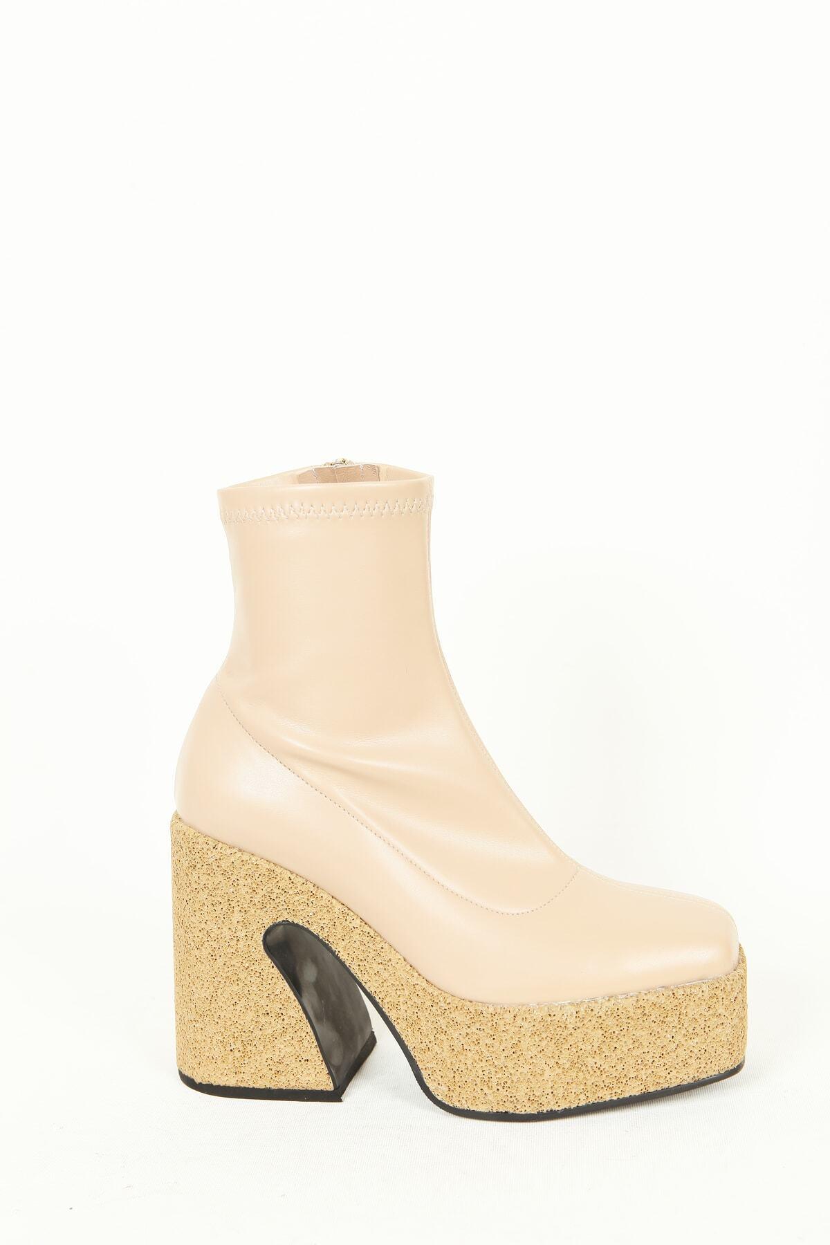 Kadın Deri Bot Platformlu Krem