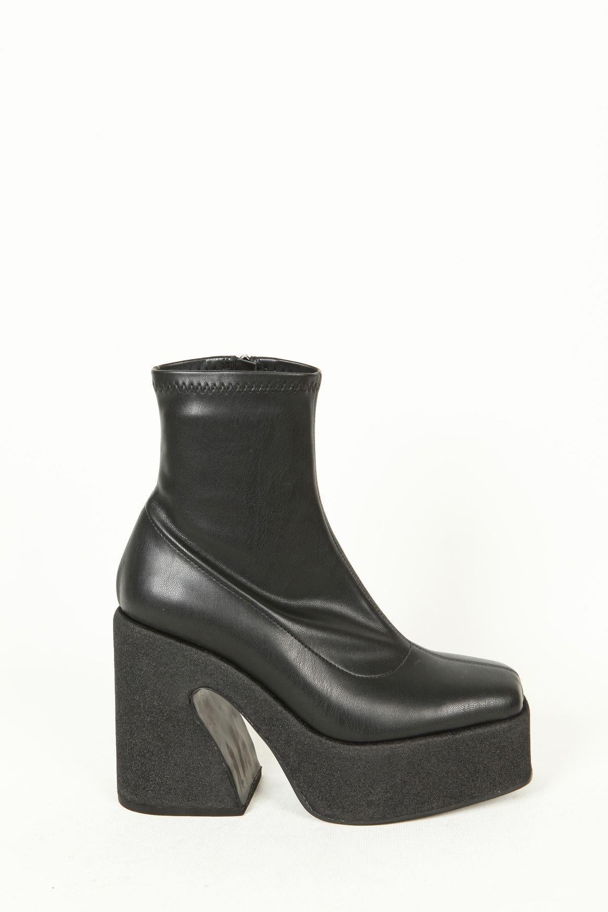 Kadın Deri Bot Platformlu Siyah