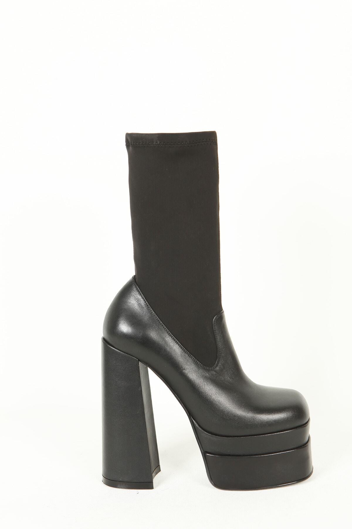 Kadın Deri Bot Platformlu Streç Siyah