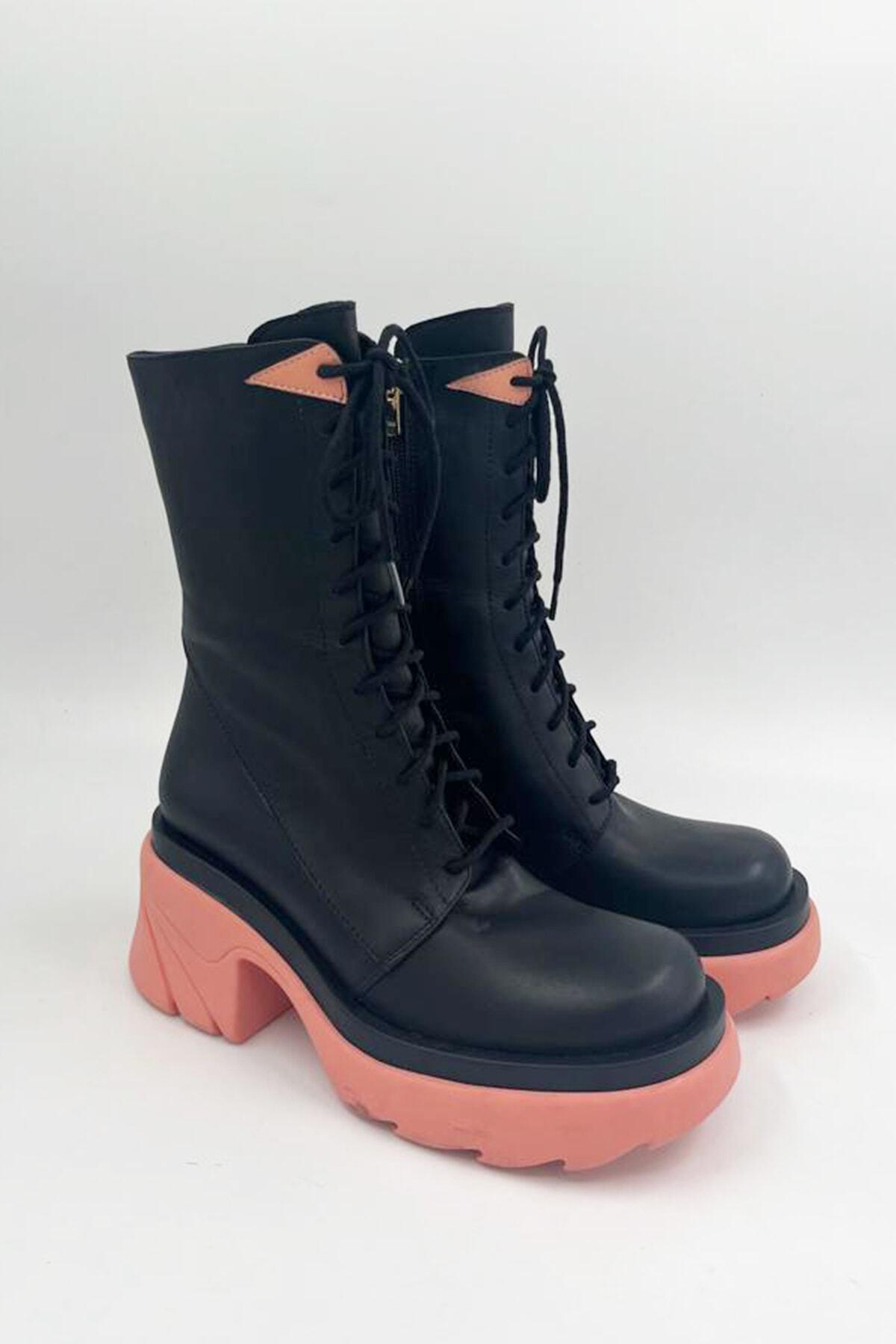 Kadın Deri Bot Siyah Pembe