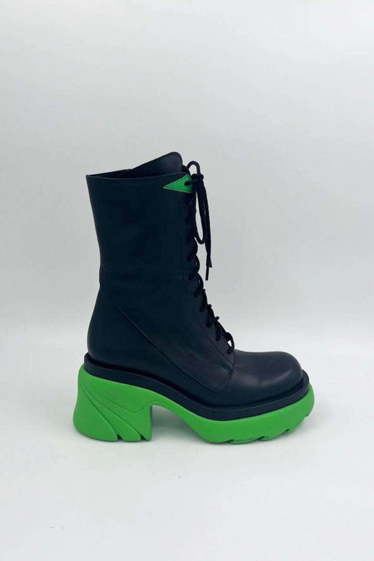Kadın Deri Bot Yeşil Taban Siyah