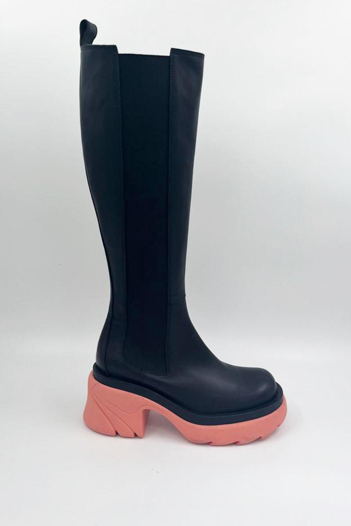 Kadın Deri Çizme Pembe Taban Siyah