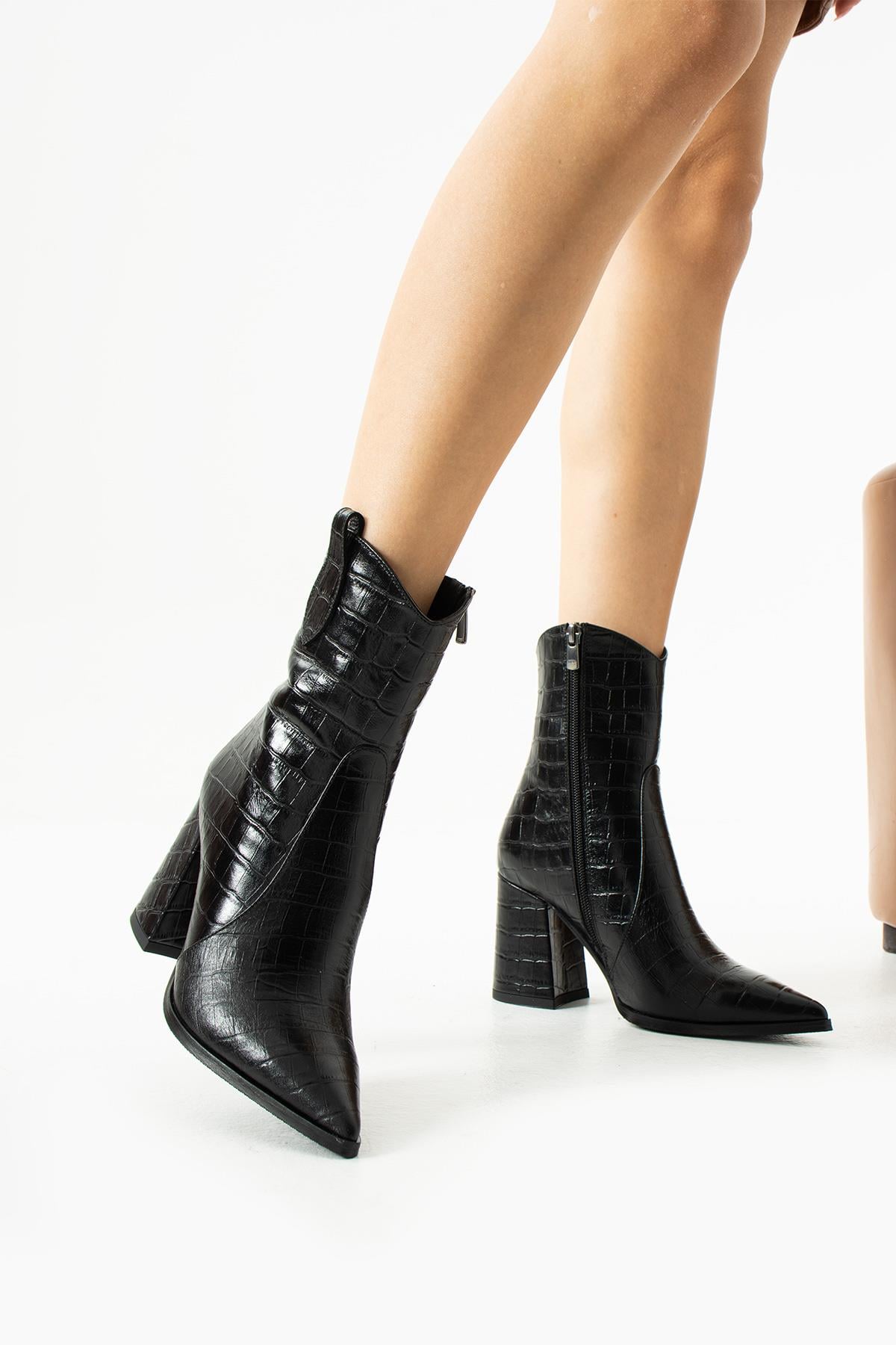 Kadın Hakiki Deri Kroko Bot Siyah