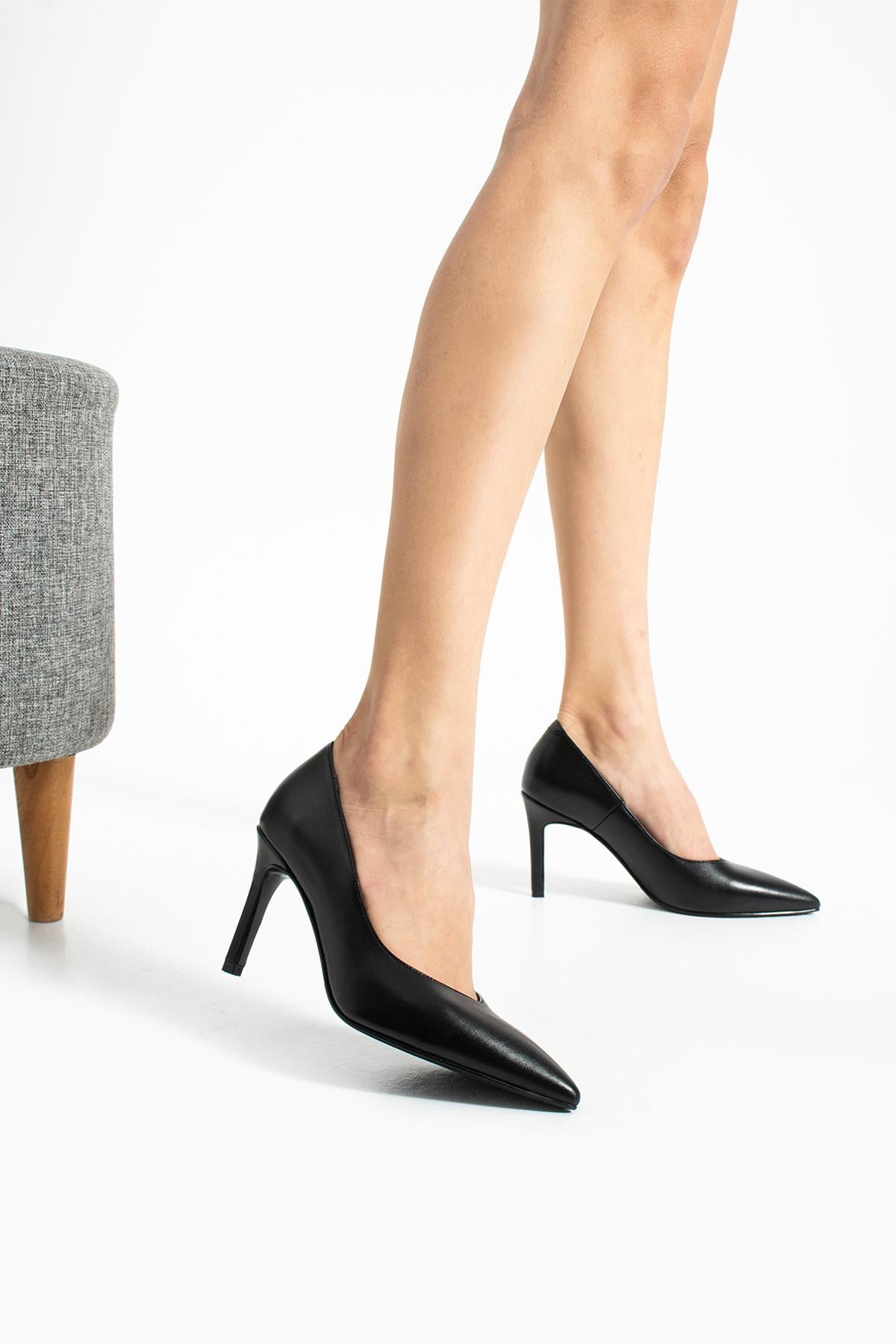 Kadın Hakiki Deri Stiletto Siyah Deri