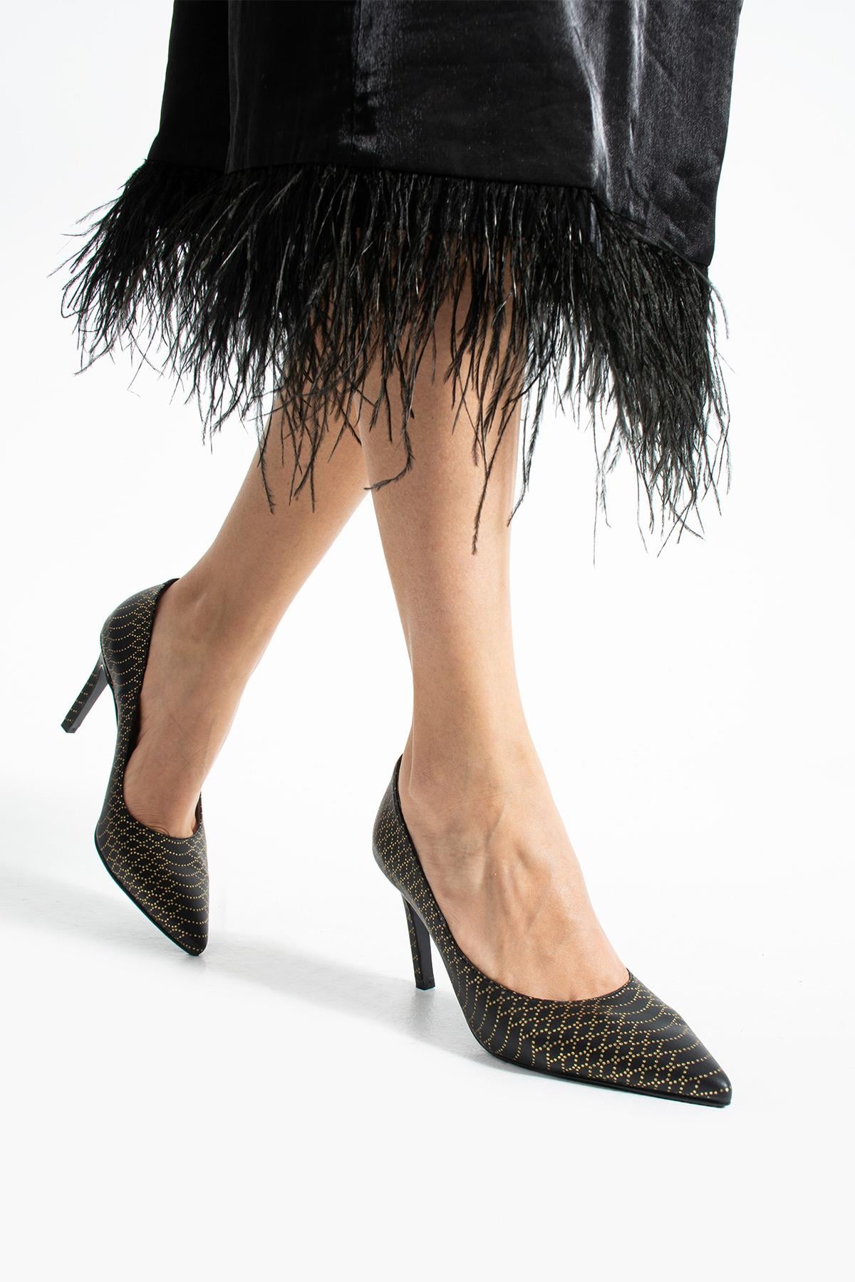 Kadın Hakiki Deri Stiletto Siyah Taş Detaylı