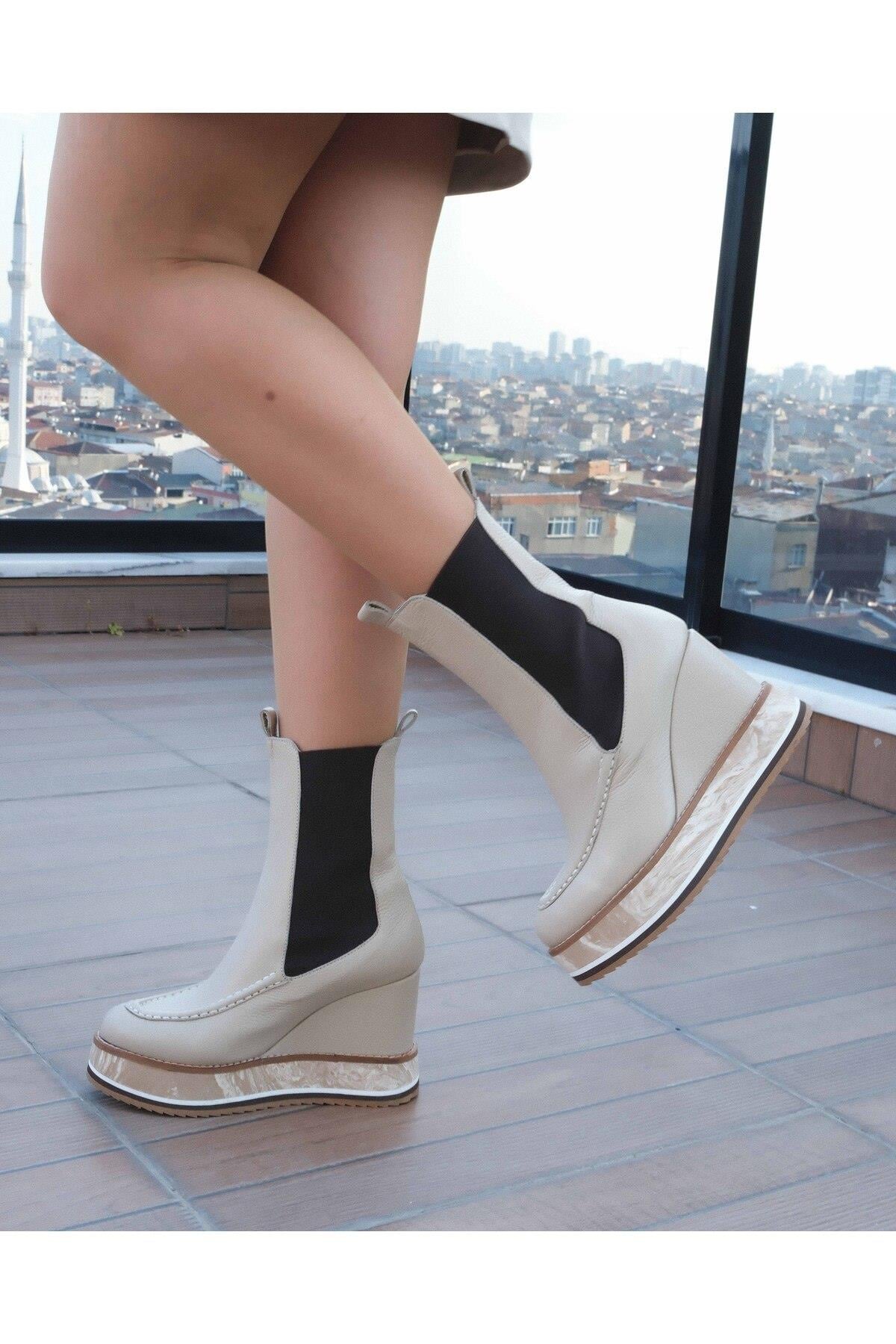 KADIN KREM HAKİKİ DERİ DOLGU TOPUK BOT