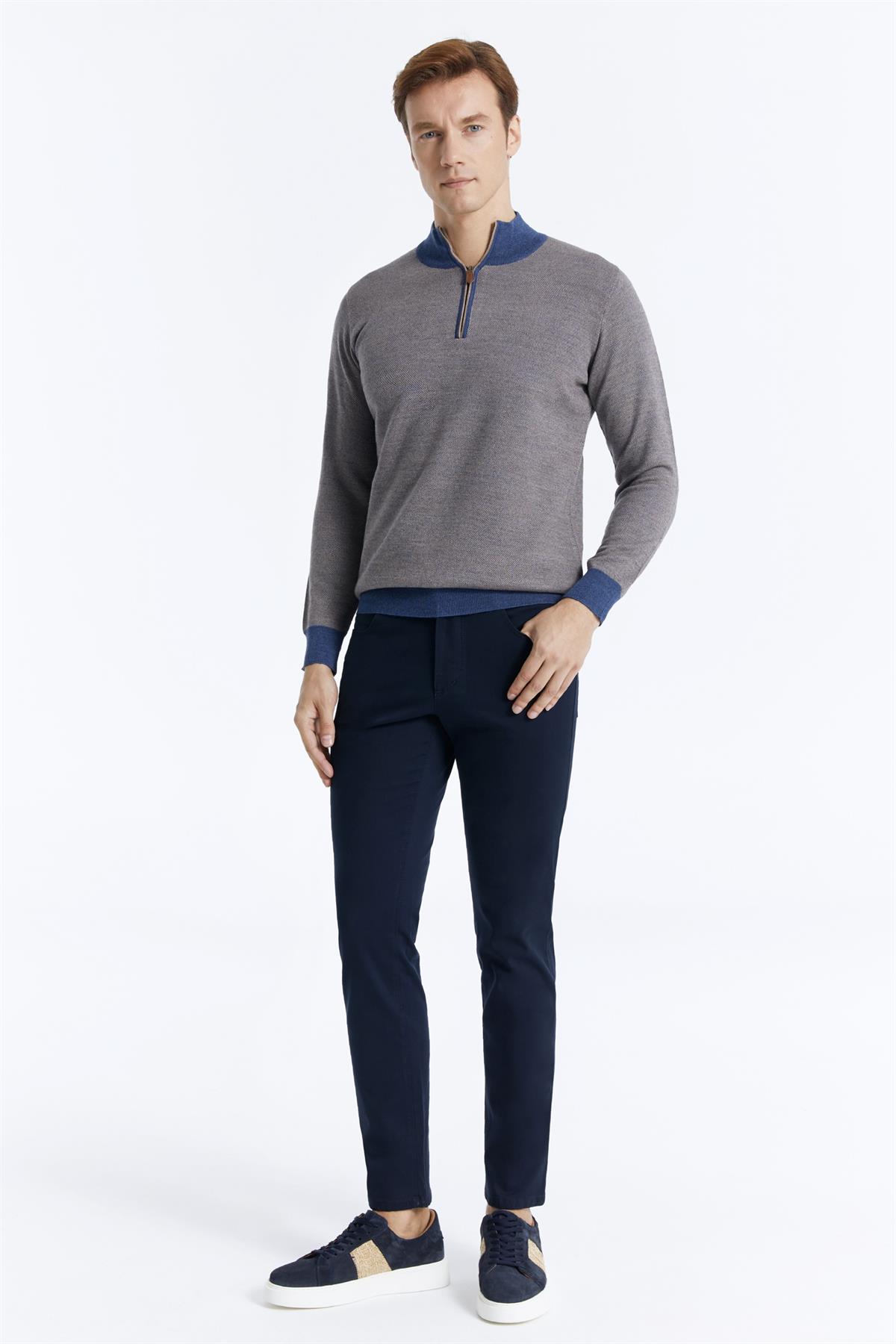 New Oxford Mavi Çift İplik Fermuarlı Triko