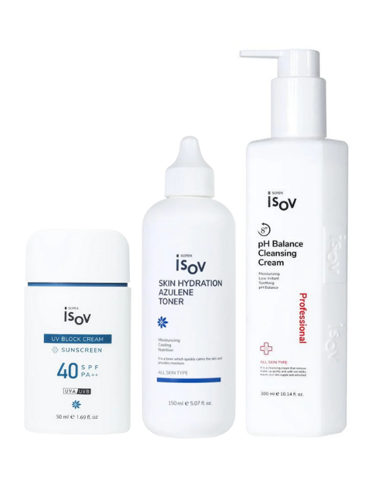8”pH Balance Cleansing Cream 300 ml & Skin Hydration Azulene Toner 150 ml & UV Block Cream SPF40 PA++ 50 ml
