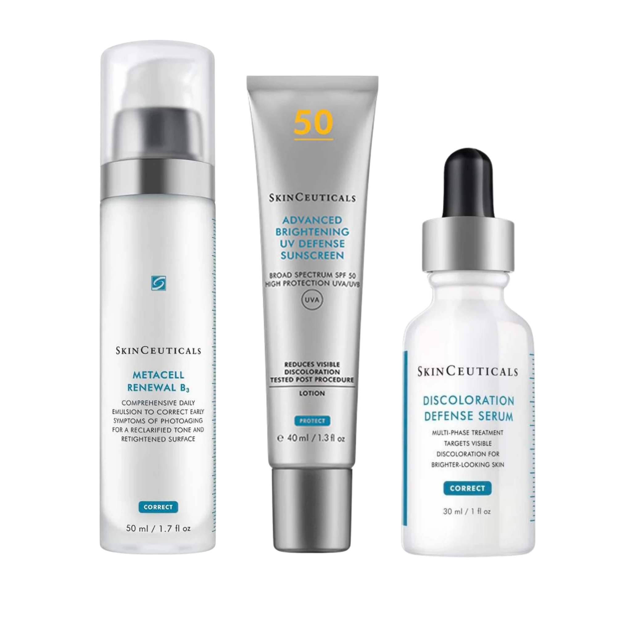 Discoloration Defense Serum 30 ml & Metacell Renewal 50 ml & Advanced Brightening UV SPF50 40 ml