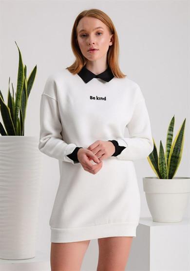  Kadın Beyaz Be kınd Nakışlı Pamuklu Yakalı Sweatshirt Tunik 