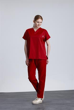 Snow Form Medical Apparel Üniforma Kırmızı Likralı Unisex Yarasa Kol Hemşire Ve Doktor Forması Takımı Scrubs