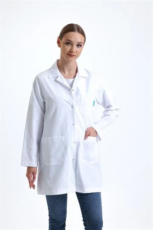 SnowForm Kadın Uzun Kol Beyaz Ceket Boy ÇıtÇıtlı Apaş Yaka Doktor Hemşire Öğretmen Önlüğü