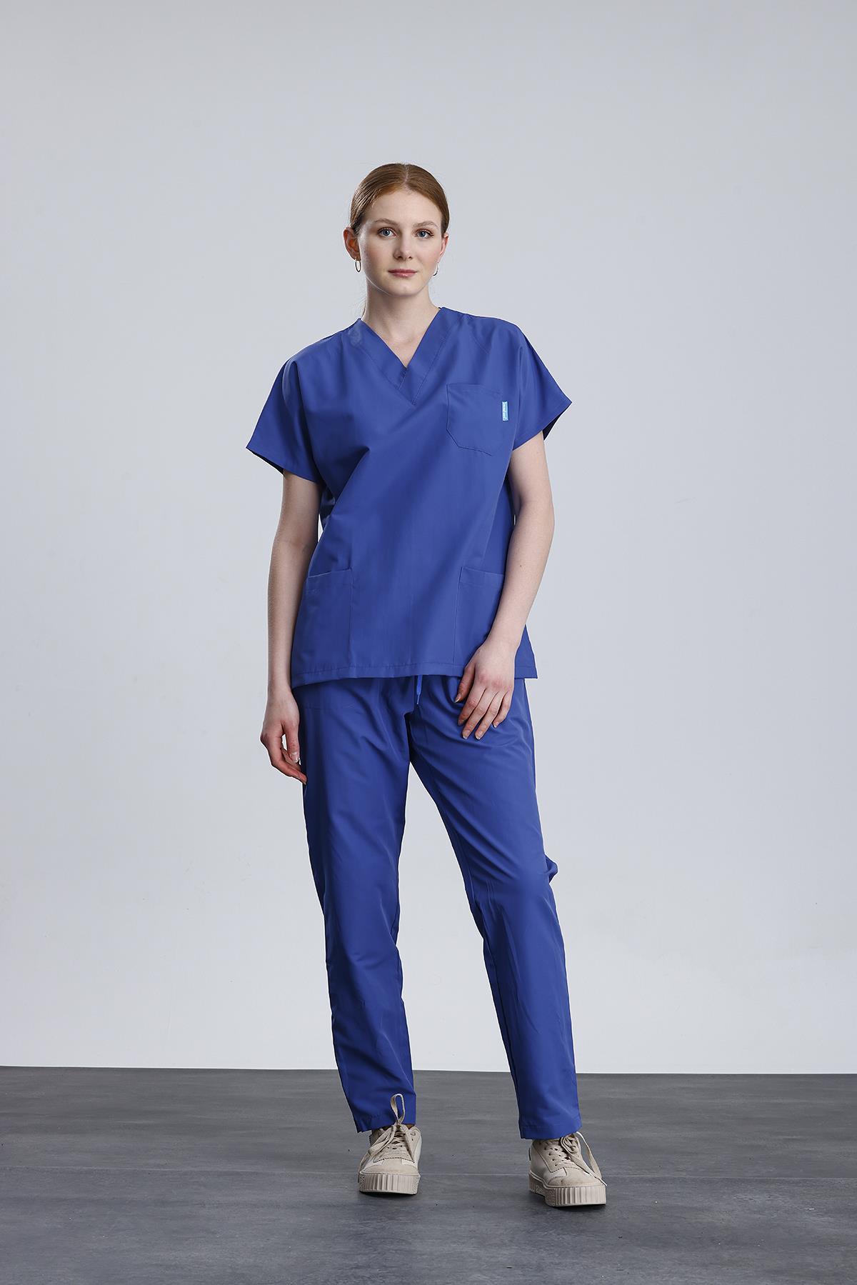 Snow Form Medical Apparel Üniforma Mavi Likralı Unisex Yarasa Kol Hemşire Ve Doktor Forması Takımı Scrubs