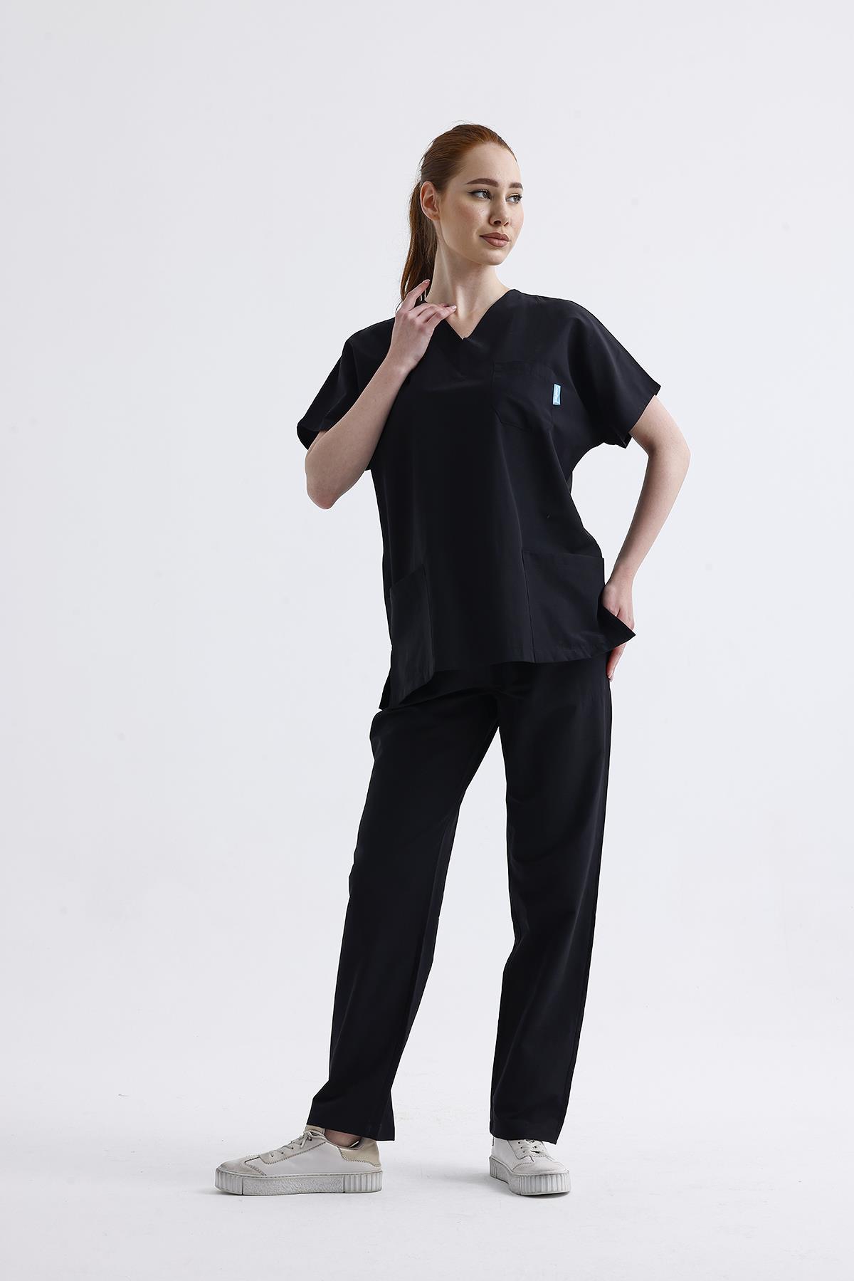 Snow Form Medical Apparel Üniforma Siyah Likralı Unisex Yarasa Kol Hemşire Ve Doktor Forması Takımı Scrubs