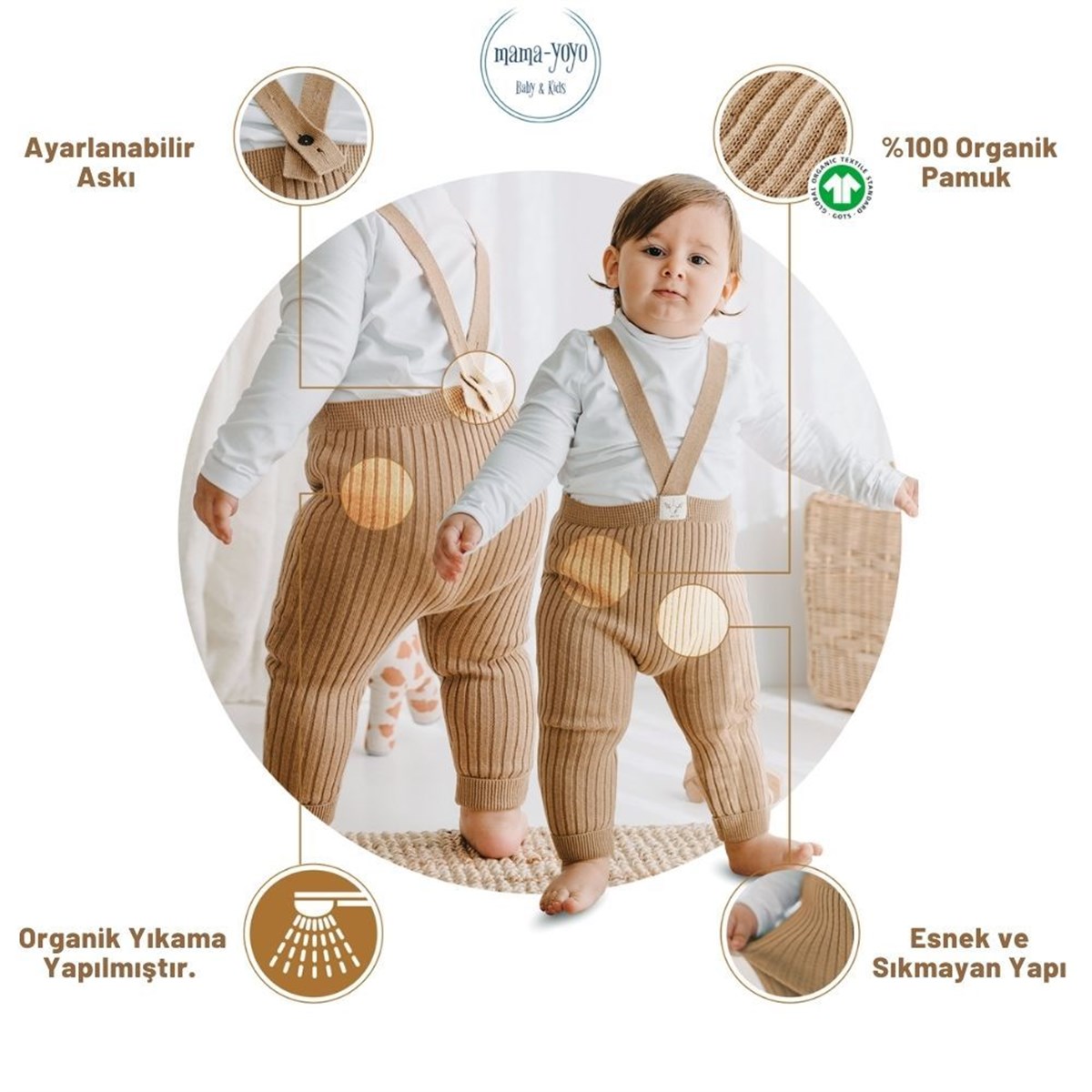 Askılı Organik Triko Bebek Taytı - Cappucino