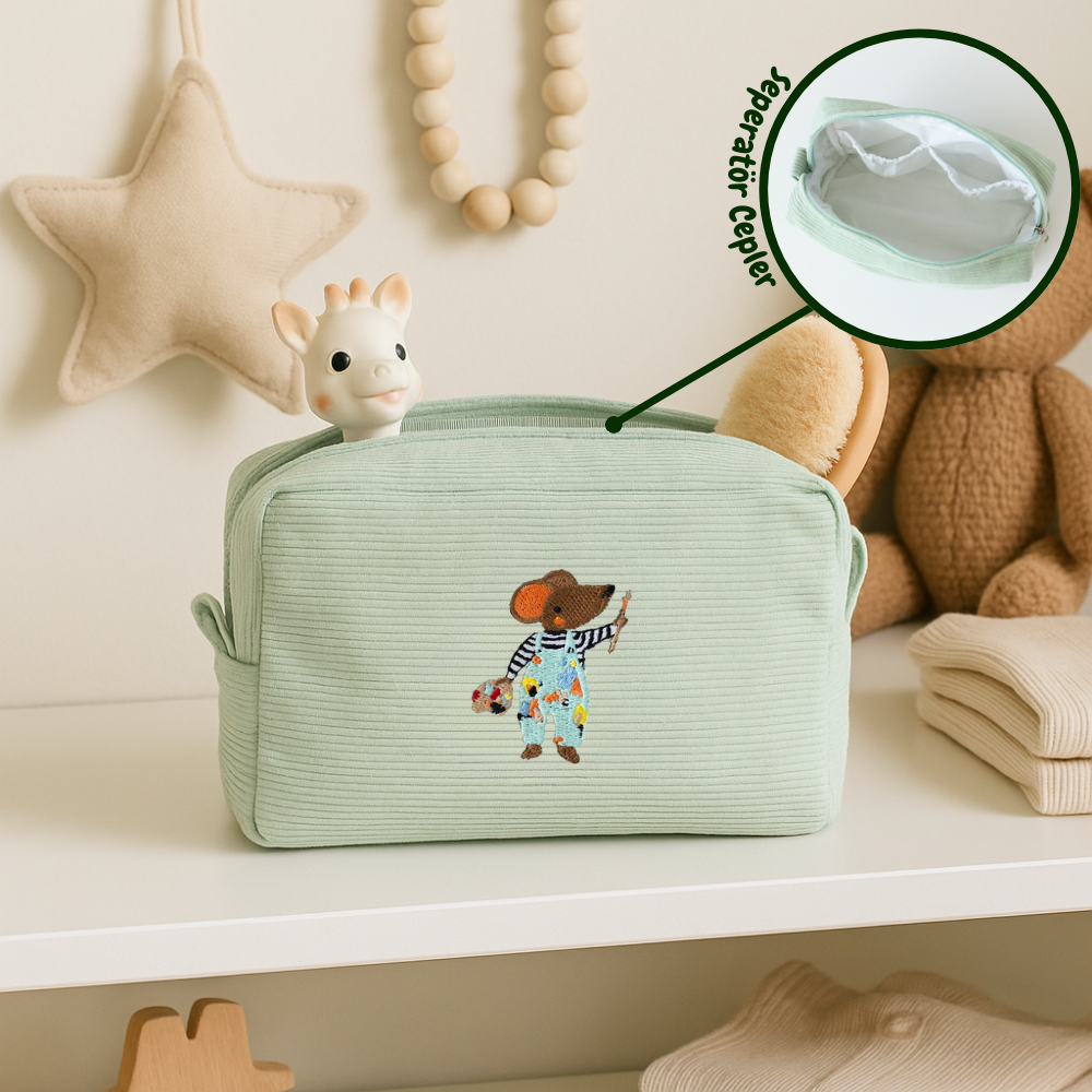 Kadife Organizer Çanta Mint - Fare nakışlı