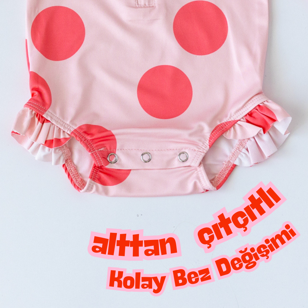 Önden Fermuarlı - Alttan Çıtçıtlı Mayo Büyük Puantiye Pembe