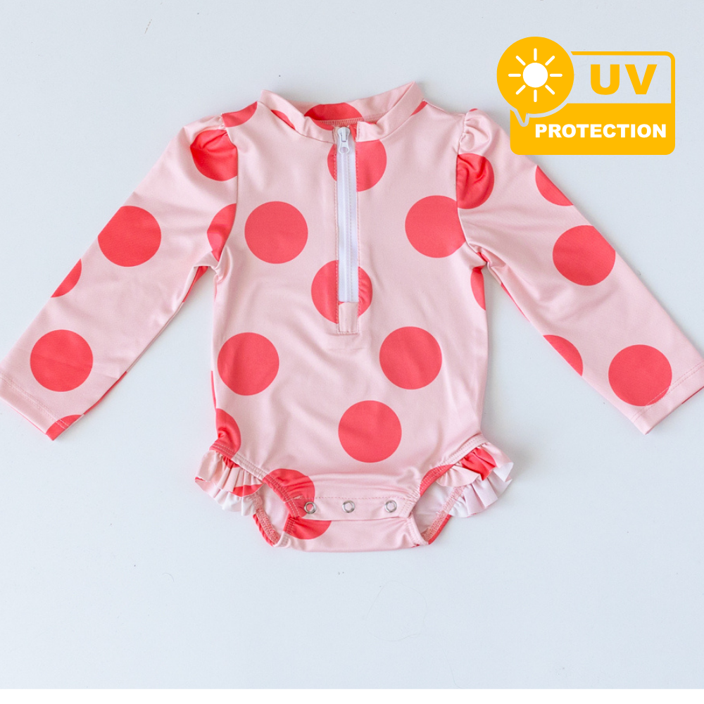 Önden Fermuarlı - Alttan Çıtçıtlı Mayo Büyük Puantiye Pembe