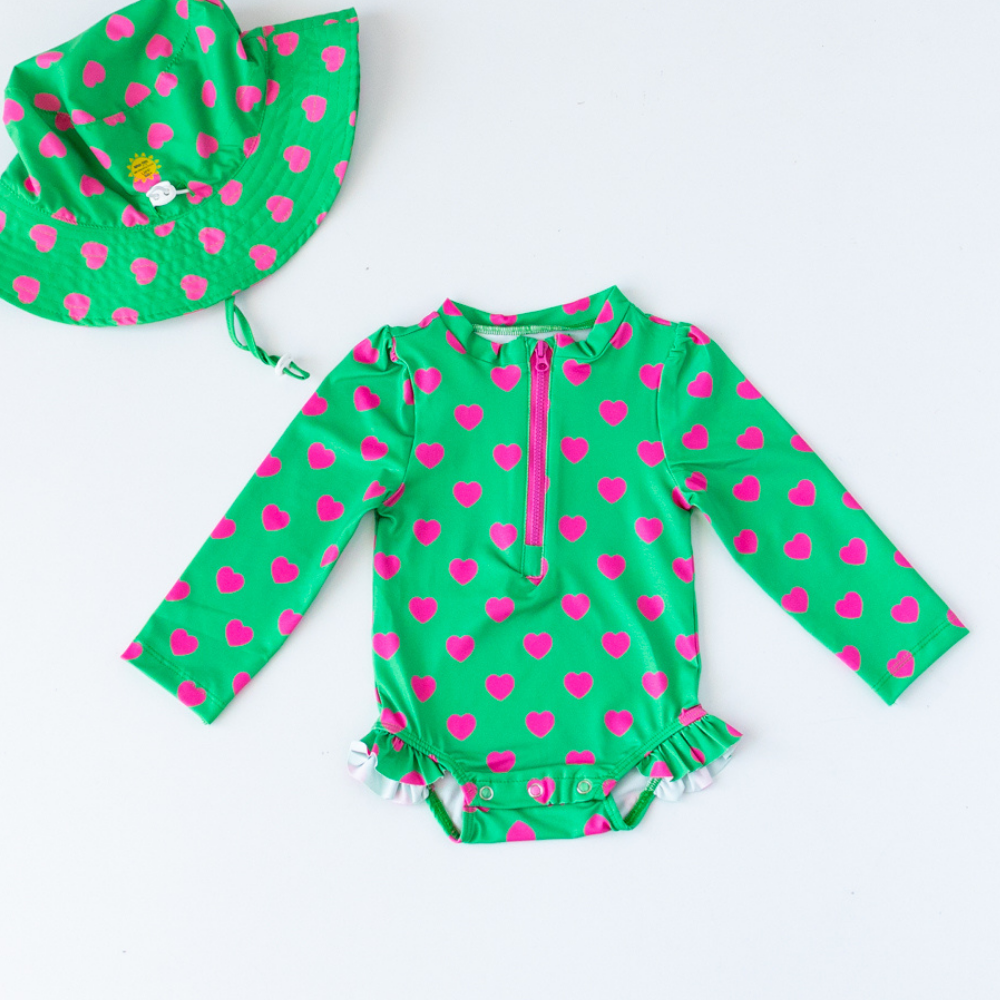 Önden Fermuarlı - Alttan Çıtçıtlı Mayo Kalpler Yeşil Pembe