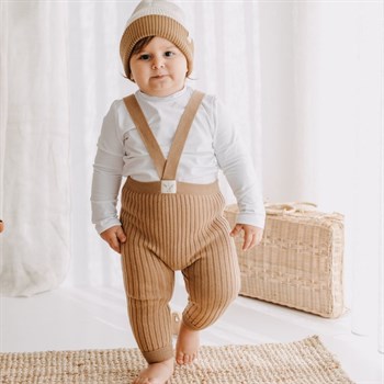 Organic Knitted Baby Tight with Suspenders Cappucino