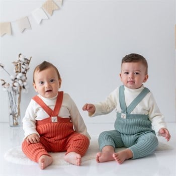 Organic Knitted Baby Tight with Suspenders & Double Sided Winter Hat- Brick Red