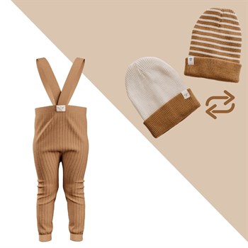 Organic Knitted Baby Tight with Suspenders & Double Sided Winter Hat- Cappuccino