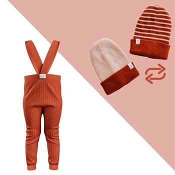 Organic Knitted Baby Tight with Suspenders & Double Sided Winter Hat- Brick Red