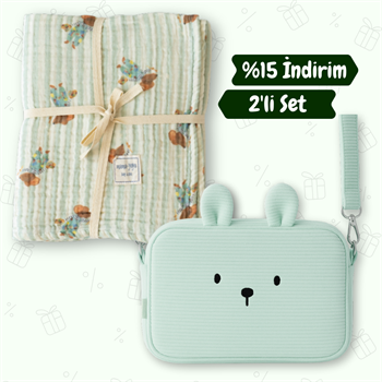 Avantajlı Set - Puset Çantası - Organik Bebek Battaniyesi Fare