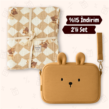 Avantajlı Set - Puset Çantası - Organik Bebek Battaniyesi Ayı 