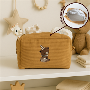 Kadife Organizer Çanta Tarçın  - Ayı nakışlı