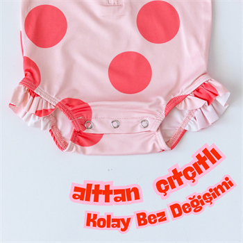 Önden Fermuarlı - Alttan Çıtçıtlı Mayo Büyük Puantiye Pembe