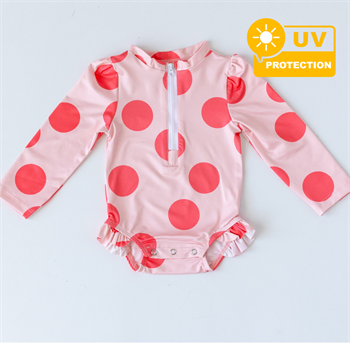 Önden Fermuarlı - Alttan Çıtçıtlı Mayo Büyük Puantiye Pembe