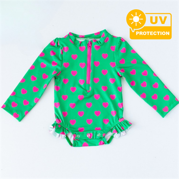 Önden Fermuarlı - Alttan Çıtçıtlı Mayo Kalpler Yeşil Pembe