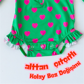 Önden Fermuarlı - Alttan Çıtçıtlı Mayo Kalpler Yeşil Pembe