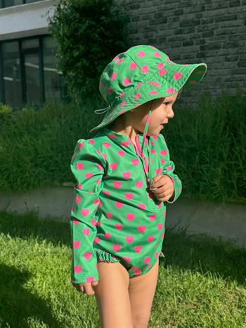 Önden Fermuarlı - Alttan Çıtçıtlı Mayo Kalpler Yeşil Pembe