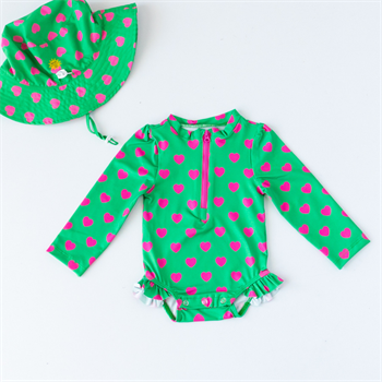 Önden Fermuarlı - Alttan Çıtçıtlı Mayo Kalpler Yeşil Pembe