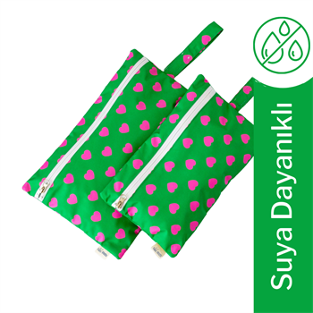 Temiz & Islak/Kirli 2li Çanta Seti Kalpler Yeşil Pembe