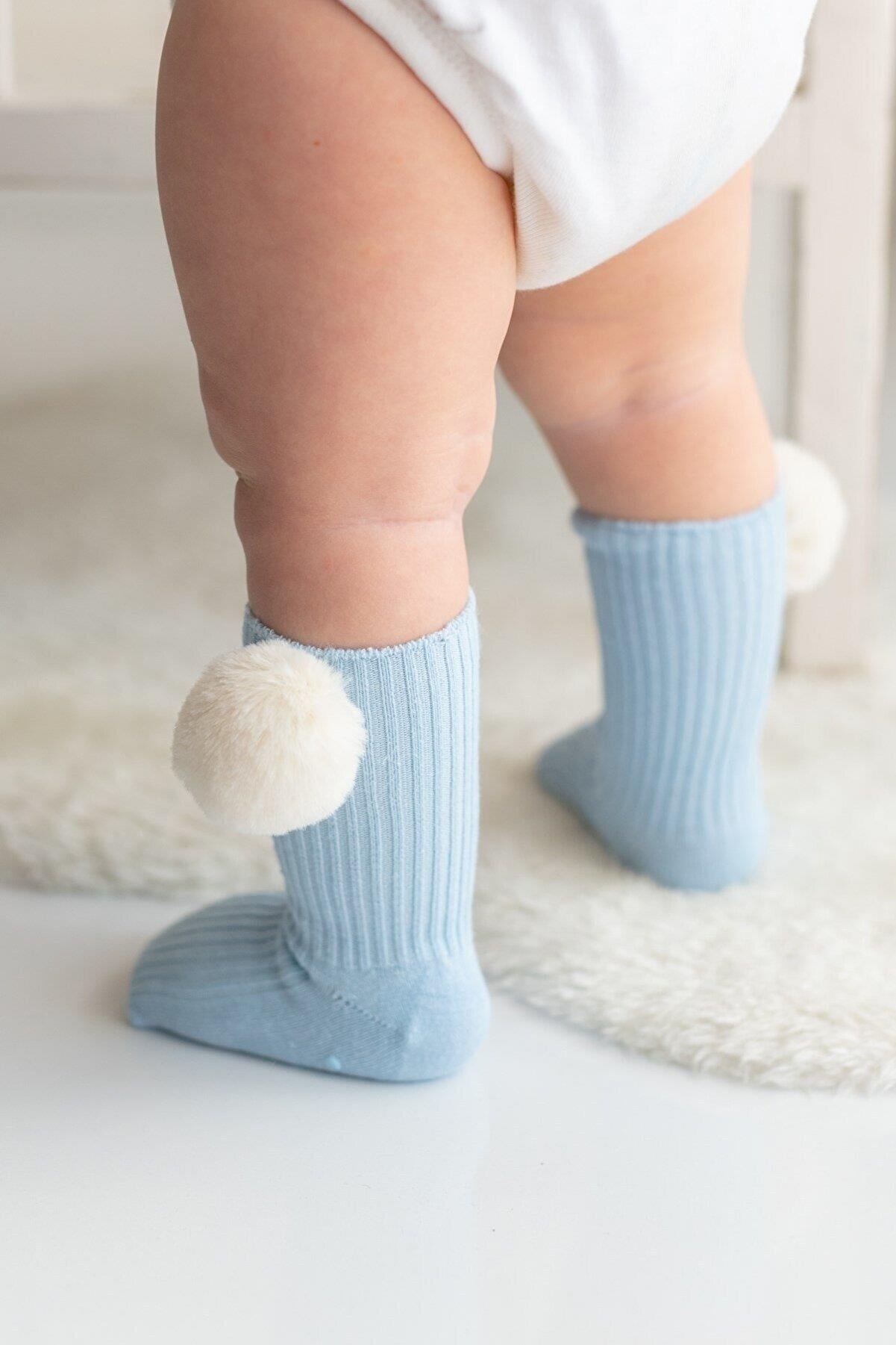  Nou Nou Mavi Bebek Peluş Ponponlu Kaydırmaz Dizaltı Çorap