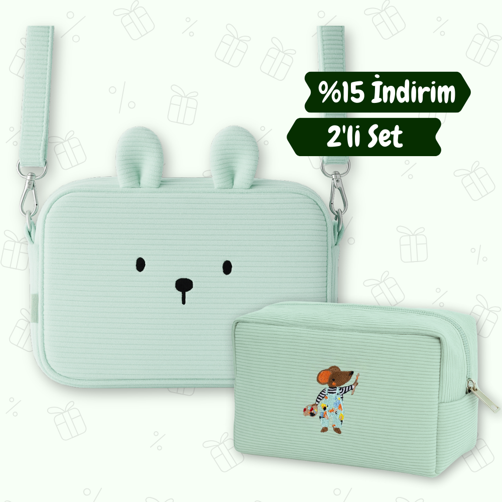 Avantajlı Set - Puset Çantası - Kadife Organizer Çanta Mint 