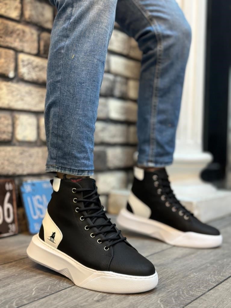 BA0155 Bağcıklı Erkek Yüksek Taban Siyah Beyaz Siyah Taban Spor BotBA0155 Bağcıklı Erkek Yüksek Taban Siyah Beyaz Siyah Taban Spor Bot