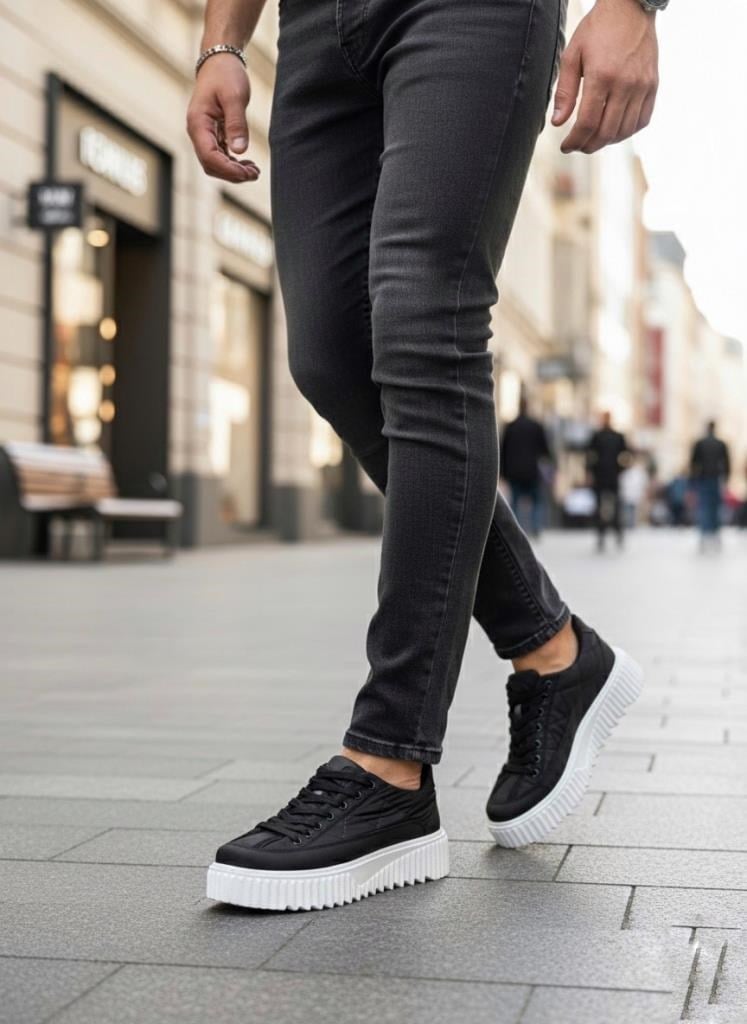 BA0801  Yüksek Taban Siyah Paraşüt Kumaş Cilt Detaylı Erkek AyakkabıBA0801  Yüksek Taban Siyah Paraşüt Kumaş Cilt Detaylı Erkek Ayakkabı