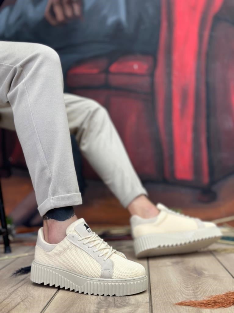 BA0803  Yüksek Taban Triko Krem Erkek AyakkabıBA0803  Yüksek Taban Triko Krem Erkek Ayakkabı