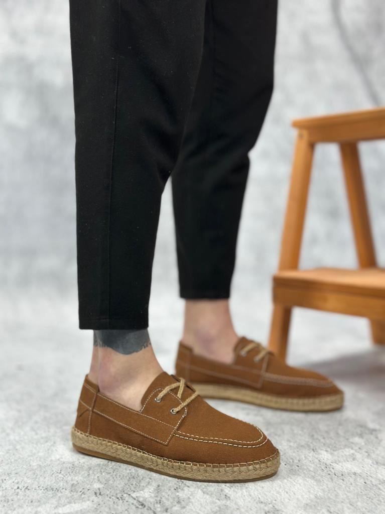 Doğal Deri Tozu Bağcıklı Kauçuk El Yapımı Espadril Taban Taba Renk Erkek AyakkabıDoğal Deri Tozu Bağcıklı Kauçuk El Yapımı Espadril Taban Taba Renk Erkek Ayakkabı